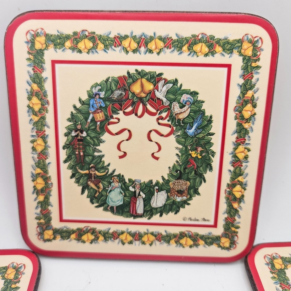 Vintage Set of 6 Pimpernel England Christmas Wreath Cork Backed Coasters